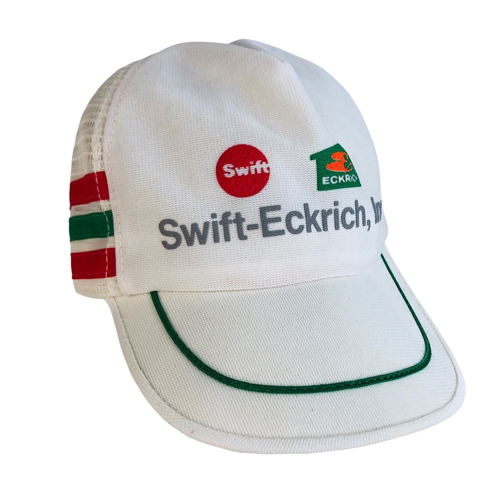 3 Stripe Trucker Hat Swift Eckrich Bars SnapBack Mesh‎ Cap Made In USA White VTG